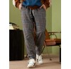 Mens Striped Side Plaid Pattern Drawstring Waist Preppy Pants