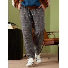 Mens Striped Side Plaid Pattern Drawstring Waist Preppy Pants