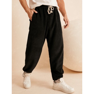 Men Corduroy Solid Loose Drawstring Waist Beam Feet Pants